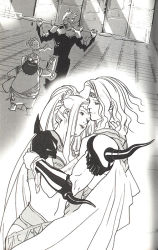 1990s_(style) armor beard cain_highwind cape cecil_harvey cid_pollendina couple facial_hair final_fantasy final_fantasy_iv headband hug long_hair monochrome official_art polearm ponytail rosa_farrell shoulder_pads spear tiara weapon yang_fang_leiden