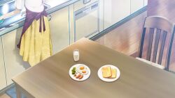 1girl amane_yuki apron back_bow bow bread bread_slice breakfast chair cherry_tomato day egg_(food) egg_yolk food from_above from_behind game_cg glass head_out_of_frame highres huke indoors kitchen lettuce long_skirt milk non-web_source official_art plate red_apron red_bow sausage shirt short_sleeves skirt solo standing steins;gate steins;gate:_linear_bounded_phenogram table toast tomato white_shirt wooden_chair wooden_floor wooden_table yellow_skirt