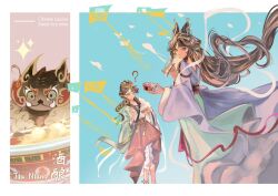 2girls ? ankle_bell aqua_background bandaged_leg bandages border bowl braid chinese_clothes closed_mouth green_hanfu hanfu highres holding holding_bowl holding_spoon jiu_niangzi jiu_niangzi_(blossom_spring_fairy) kite klepon leg_wrap liang_yue_(reverse:1999) long_hair looking_at_viewer low_twin_braids mask mask_on_head monster multiple_girls official_alternate_costume outside_border purple_hanfu qiangliang_(reverse:1999) red_skirt reverse:1999 rice_wine skirt spoon standing turning_head twin_braids very_long_hair white_border yellow_eyes