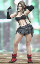1girl 3d abs aerith_gainsborough alternate_costume arm_behind_head armpits artist_name biceps black_gloves boots bow braid breasts brown_hair cleavage clenched_hand closed_mouth cosplay elbow_gloves female_focus final_fantasy final_fantasy_vii final_fantasy_vii_remake fingerless_gloves flexing full_body gloves green_eyes highres jewelry legs long_hair looking_at_viewer low-tied_long_hair midriff muscular muscular_female navel necklace parted_bangs pink_bow pink_ribbon red_boots ribbon skirt solariusastera solo square_enix standing stomach suspender_skirt suspenders thick_thighs thighs tifa_lockhart tifa_lockhart_(cosplay) underboob