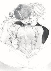 2boys abs blush closed_eyes collar eigtee18 greyscale hand_on_another&#039;s_stomach highres licking licking_another&#039;s_neck lin_ling_(to_be_hero_x) looking_at_another male_focus monochrome multicolored_hair multiple_boys nice_(to_be_hero_x) nipple_clamps nipple_stimulation screentones short_hair sitting smile spread_legs streaked_hair to_be_hero to_be_hero_x toned toned_male trembling yaoi