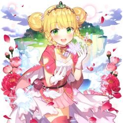 1girl blonde_hair boots braid cape choker cloud double_bun dress flower gloves green_eyes hair_bun open_mouth pink_boots pink_cape pink_choker pink_dress pink_flower salt_(salty) sapphire_emerald thigh_boots tiara twin_braids twintails uchi_no_hime-sama_ga_ichiban_kawaii white_gloves