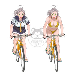 1girl antenna_hair bicycle bikini blue_scrunchie breasts green_eyes grey_hair hair_tie highres kantai_collection kinugasa_(kancolle) kinugasa_kai_ni_(kancolle) medium_breasts medium_hair multiple_views neckerchief necktie ojipon one_side_up open_mouth purple_sailor_collar purple_skirt riding sailor_collar sandals school_uniform scrunchie serafuku simple_background skirt swimsuit watermark white_background yellow_bikini yellow_neckerchief yellow_necktie