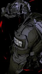 1boy absurdres arm_belt arm_guards black_background blood bloody_tears bulletproof_vest call_of_duty call_of_duty:_modern_warfare_2 combat_helmet combat_knife commentary english_commentary english_text hallot helmet highres jacket knife konig_(call_of_duty) looking_at_viewer looking_back male_focus military_jacket missing_eye shaded_face simple_background solo tactical_clothes upper_body vest walkie-talkie weapon