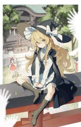 2girls adapted_costume apron arms_between_legs ascot bandaid bandaid_on_leg bird black_hat black_jacket black_skirt black_vest blonde_hair boots bow box brown_boots closed_mouth day detached_sleeves donation_box frilled_bow frills gohei hair_between_eyes hair_bow hair_ornament hakurei_reimu hakurei_shrine hashtag-only_commentary hat hat_bow highres holding holding_gohei jacket kirisame_marisa knee_boots kneehighs kouhaku_nawa lace-up_boots leaf long_hair long_sleeves looking_at_viewer multiple_girls outdoors rcs_4 red_bow red_shirt red_skirt ribbon rope shimenawa shirt shrine sitting skirt sleeveless sleeveless_shirt smile socks stairs standing star_(symbol) star_hair_ornament torii touhou tree very_long_hair vest waist_apron white_apron white_bird white_bow white_ribbon white_shirt white_sleeves white_socks wide_sleeves witch_hat yellow_ascot yellow_eyes yin_yang