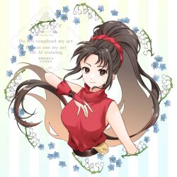Rule 34 | 1girl, arm up, black hair, breasts, brown eyes, fingerless gloves, fire emblem, fire emblem: thracia 776, gloves, highres, lara (fire emblem), large breasts, long hair, looking at viewer, midori no baku, nintendo, red shirt, shirt, sleeveless, sleeveless shirt, smile, watermark