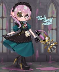 1girl apron black_apron black_boots black_gloves blue_dress blue_eyes boots closed_mouth collared_dress commission dress eyepatch frilled_apron frills full_body gloves hair_between_eyes highres holding holding_weapon long_hair looking_at_viewer maid_headdress multicolored_eyes nintendo octoling octoling_girl octoling_player_character one_eye_covered paint_splatter pink_hair puchiman puffy_short_sleeves puffy_sleeves purple_eyes second-party_source short_sleeves skeb_commission skirt_hold smile solo splatoon_(series) sploosh-o-matic_(splatoon) standing tentacle_hair thank_you weapon yellow_eyes