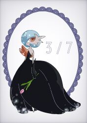 Rule 34 | alternate color, black dress, black gloves, blue hair, bob cut, dress, elbow gloves, flower, gardevoir, gardevoir day, gen 3 pokemon, gloves, grey background, highres, holding, holding flower, mega gardevoir, mega pokemon, nintendo, orange eyes, pokemon, pokemon (creature), shiny pokemon, simple background, stktik09060906, strapless, strapless dress
