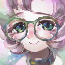1girl artist_name brown_hair closed_mouth dated glasses green_eyes grey-framed_eyewear looking_at_viewer portrait prismagreen reverse:1999 round_eyewear smile solo sparkling_eyes watermark zote_xatu