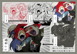 +_+ 5girls 6+girls alice_(vlad_grimms) apron bakushi_(smys2017) bald bandaged_neck bandages beard black_facial_hair black_hair black_hat black_jacket black_necktie black_sleeves blue_dress blue_facial_hair blue_sleeves border bright_pupils brown_hair brown_shirt clenched_teeth collared_dress collared_shirt colored_sclera colored_teeth colored_tongue commentary_request dress dual_persona emphasis_lines facial_hair fangs fangs_out fingernails freckles full_beard furrowed_brow goatee grey_background grey_border grey_shirt group_picture hameln_(vlad_grimms) handlebar_mustache hat how_to jacket la_barbe_bleue lapels light_particles lineart long_beard long_hair long_nose long_sleeves looking_at_viewer low_twintails middle_finger monocle multiple_boys multiple_girls mustache necktie nostrils notched_lapels old old_man pink_pupils pinocchio_(vlad_grimms) pointy_nose puffy_sleeves purple_tongue red_eyes red_hair red_sclera red_teeth shirt short_hair sketch symbol-shaped_pupils tape teeth tongue top_hat translation_request twintails upper_body vampire very_long_hair vlad_grimms white_apron white_pupils wing_collar yellow_eyes yellow_sclera