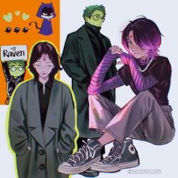1boy 1girl animal_ears beast_boy_(dc) black_hair blue_cloak cat_ears cat_girl cat_tail chain chain_necklace cloak closed_eyes coat colored_skin commentary converse dc_comics english_commentary facial_mark forehead_mark frown glasses gradient_hair green_coat green_hair green_skin grey_coat grey_pants hair_over_one_eye hands_in_pockets highres holding holding_sign hood hooded_cloak jewelry kemonomimi_mode multicolored_hair necklace opaque_glasses panprika11 pants pink_hair raven_(dc) shoes sign sitting sleeves_past_wrists smile sneakers striped_sleeves tail teen_titans teen_titans_go!