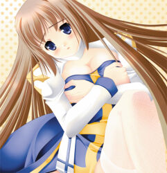 1girl 2000s_(style) arch_bishop_(ragnarok_online) ayase_mai_(jelly^2_fish) blue_dress blue_eyes blush breasts brown_hair cleavage cleavage_cutout clothing_cutout commentary_request cross crossed_arms dress feet_out_of_frame fishnet_thighhighs fishnets juliet_sleeves large_breasts long_hair long_sleeves lowres open_mouth polka_dot polka_dot_background puffy_sleeves ragnarok_online raised_eyebrows sash solo thighhighs two-tone_dress very_long_hair white_dress white_thighhighs yellow_background yellow_sash