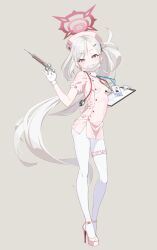 1girl alternate_costume blue_archive blush breasts full_body gloves grey_background grey_hair grin hair_ornament halo hat high_heels highres holding long_hair looking_at_viewer mutsuki_(blue_archive) nurse pantyhose pointy_ears purple_eyes sando_(dukedevil) short_sleeves side_ponytail simple_background small_breasts smile solo syringe teeth twintails very_long_hair white_gloves white_pantyhose