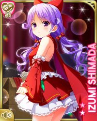 1girl alternate_hairstyle bare_shoulders bow cape character_name closed_mouth day detached_sleeves flower frilled_skirt frills girlfriend_(kari) hair_ornament holding indoors looking_at_viewer magical_girl official_art pout purple_eyes purple_hair qp:flapper red_bow red_cape red_shirt red_skirt red_sleeves shimada_izumi shirt skirt solo