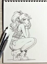1girl art_tools_in_frame baseball_cap breasts commentary_request hat high_heels highres hilda_(pokemon) large_breasts long_hair monochrome nintendo photo_(medium) pokemon pokemon_bw ponytail seishun_dendeke shorts sidelocks solo squatting thighs