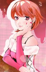 Rule 34 | 1girl, bare shoulders, brown eyes, brown hair, closed mouth, collarbone, eyelashes, fur trim, hand up, heart, highres, inuha dayo52, lips, long sleeves, looking at viewer, medium hair, official alternate costume, persona, persona 3, pink background, pink sweater, plaid background, revision, ribbed sweater, smile, solo, sparkle, sweater, swept bangs, takeba yukari, upper body