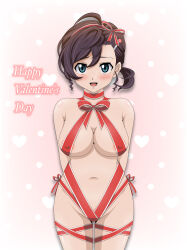 1girl absurdres aged_up alternate_breast_size areola_slip arms_behind_back blue_eyes breasts brown_hair choker commentary_request covered_erect_nipples cowboy_shot garam_masala_(7355873) gegege_no_kitarou hair_ornament hairclip happy_valentine heart heart_background highres inuyama_mana large_breasts naked_ribbon ponytail red_choker ribbon solo