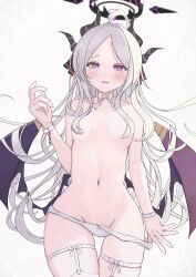 1girl absurdres ahoge arm_at_side bare_shoulders black_halo black_horns blue_archive blush bow bow_choker bow_legwear bow_panties breasts breasts_apart choker collarbone commentary_request convenient_censoring cowboy_shot demon_girl demon_horns demon_wings embarrassed eyelashes forehead furrowed_brow grey_hair groin hair_censor hair_intakes hair_over_breasts hair_spread_out halo hand_up highres hina_(blue_archive) horns long_hair looking_at_viewer low_wings multiple_horns navel open_mouth panties panty_pull parted_bangs pulling_own_clothes purple_eyes sidelighting sidelocks simple_background skindentation slit_pupils small_breasts solo stomach sweat thigh_gap thigh_strap thighhighs thighs topless_female underwear very_long_hair wavy_mouth white_background white_bow white_choker white_panties white_thighhighs white_wrist_cuffs wings wrist_cuffs yukimurayura