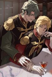 2boys alcohol blonde_hair blue_eyes challia_bull char_aznable closed_mouth commentary_request cup drinking_glass epaulettes facial_hair gloves green_hair green_jacket gundam gundam_gquuuuuux highres jacket long_sleeves looking_at_another male_focus military_uniform multiple_boys mustache red_jacket short_hair smile white_gloves wine wine_glass yaoi zeon zerozany