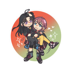 ahoge artist_request awa_subaru black_footwear black_hair black_haori black_kimono black_shorts blue_hair blush brown_hair carrying carrying_person closed_mouth colored_tips commission drumsticks girls_band_cry hair_bun haori heart heart_ahoge holding holding_drumsticks iseri_nina japanese_clothes kimono kuuhaku_to_catharsis long_hair low_twintails multicolored_hair pantyhose parted_bangs purple_eyes red_shirt second-party_source shirt short_hair short_sleeves short_twintails shorts single_side_bun smile sparkle sweatdrop twintails yellow_pantyhose