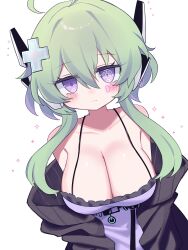 1girl @_@ absurdres ahoge ayanamiiii bare_shoulders black_jacket blush breasts cleavage closed_mouth collarbone cross_hair_ornament d-pad d-pad_hair_ornament dress green_hair hair_between_eyes hair_ornament headgear highres jacket jacket_partially_removed large_breasts long_hair looking_at_viewer off_shoulder open_clothes open_jacket original power_symbol purple_dress purple_eyes ringed_eyes short_hair_with_long_locks sidelocks simple_background sleeveless sleeveless_dress solo spaghetti_strap sparkle tattoo upper_body white_background x_hair_ornament