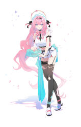 1girl :o absurdres alternate_costume bag black_hairband black_thighhighs blue_eyes breasts commentary_request crop_top elf elysia_(honkai_impact) hairband highres holding holding_bag honkai_(series) honkai_impact_3rd large_breasts long_hair looking_at_viewer midriff miniskirt navel pink_hair pink_pupils pmg pointy_ears shoes simple_background skirt solo thighhighs thighs torn_clothes torn_thighhighs very_long_hair white_background white_shoes white_skirt