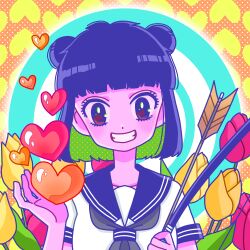 Rule 34 | 1girl, arrow (projectile), black hair, blunt bangs, bow (weapon), collarbone, colored skin, double bun, eyelashes, fujishima moyu, grin, hair bun, heart, heart background, highres, holding, holding arrow, holding bow (weapon), holding weapon, looking at viewer, original, pink skin, sailor collar, school uniform, serafuku, short hair, short sleeves, smile, solo, upper body, weapon