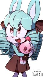 1girl animal_ears anya_the_rabbit artist_name blue_fur blue_hair brown_dress chao_(sonic) dress furry furry_female gloves highres kumo_zd long_hair open_mouth original pink_eyes rabbit_ears rabbit_girl ringlets simple_background solo sonic_(series) white_background white_gloves