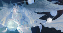 1girl absurdres colored_skin cowboy_shot crown feathered_wings final_fantasy final_fantasy_xiv fins giant giantess head_fins highres hsiadoll hydaelyn medium_hair multiple_wings orbital_path planet sky solo star_(sky) starry_sky white_eyes white_hair white_skin white_wings wings
