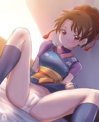 Rule 34 | 1girl, a-plug, bed, brown eyes, brown hair, cameltoe, highres, japanese clothes, lifting own clothes, looking at viewer, nanase (arika), panties, presenting, sitting, solo, street fighter, street fighter ex (series), underwear, white panties