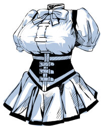belko bow bowtie breasts corset high_collar large_breasts mahou_shoujo_madoka_magica no_humans puffy_short_sleeves puffy_sleeves ribbon short_sleeves skirt tomoe_mami tomoe_mami_(magical_girl) underbust unworn_clothes