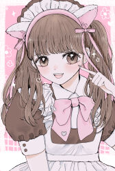 1girl :d animal_ears bow brown_eyes brown_hair cat_ears fang hair_ribbon hand_up highres maid maid_headdress open_mouth original otoneko78 pink_background pink_bow pink_ribbon puffy_short_sleeves puffy_sleeves ribbon short_sleeves simple_background smile twintails