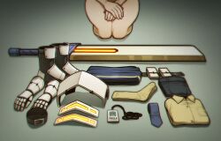 1girl armor belt boots clothes_on_floor completely_nude equipment_layout folded_clothes gauntlets gloves greatsword highres limbus_company misg1111 name_tag necktie nude pants paula_(project_moon) pouch project_moon shirt simple_background solo sword unworn_belt unworn_boots unworn_clothes unworn_gloves unworn_necktie unworn_pants unworn_shirt weapon white_armor zwei_association_west_uniform