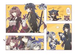 1boy 2girls ^_^ animal_ears beanie black_coat black_hat blade_(honkai:_star_rail) blue_hair border cat_ears cellphone chinese_text closed_eyes coat eyewear_on_head glasses gloves grey_hair hat highres holding holding_phone honkai:_star_rail honkai_(series) kafka_(honkai:_star_rail) multiple_girls multiple_views notice_lines open_mouth outside_border owlbert_(honkai:_star_rail) phone pince-nez platycodonyume ponytail purple_eyes purple_gloves purple_hair shirt silver_wolf_(honkai:_star_rail) smartphone smile spoken_character sunglasses taking_picture w white_border white_shirt yellow_background