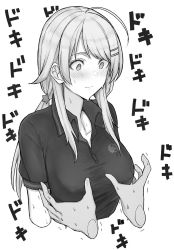 1girl ahoge blush breasts dera_self disembodied_hand greyscale groping_motion hachimiya_meguru hair_ornament hairclip highres idolmaster idolmaster_shiny_colors large_breasts long_hair looking_down low_twintails monochrome polo_shirt solo_focus star_(symbol) star_hair_ornament sweatdrop taut_clothes twintails