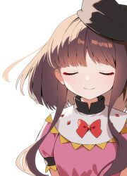Rule 34 | 1girl, absurdres, black hat, bow, bowtie, brown hair, closed eyes, closed mouth, commentary, dress, english commentary, facing viewer, hat, highres, long hair, nishida satono, pink dress, red bow, red bowtie, shishidonagi, short sleeves, simple background, smile, solo, touhou, upper body, white background