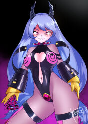 blue_hair bodysuit boku_no_hero_academia breasts cleavage cleavage_cutout clothing_cutout corruption dark_persona gloves hado_nejire heart_cutout highleg highres horns mind_control navel_cutout pink_eyes see-through_clothes shaded_face skin_tight swept_bangs thick_thighs thighs white_eyeshadow yami-mochi