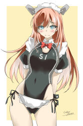 1girl alternate_costume apron black_one-piece_swimsuit breasts enmaided frilled_apron frills gakky headgear highres kantai_collection long_hair looking_at_viewer maid maid_apron maid_headdress medium_breasts one-piece_swimsuit orange_hair salmon_(kancolle) short_sleeves solo swimsuit twitter_username unconventional_maid waist_apron white_apron white_background yellow_background