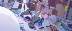 1girl absurdres animal_ear_headphones animal_ears apron bag_of_chips blue_archive blue_ribbon book box cat_ear_headphones fake_animal_ears fake_tail famicom feet_up food_in_mouth game_console gamecube halo headphones highres lying magazine_(object) maid maid_apron maid_headdress momoi_(blue_archive) momoi_(maid)_(blue_archive) nintendo_switch no_shoes official_alternate_costume on_stomach pantyhose pink_halo ribbon solo sticky_note tail tamagotchi_(virtual_pet) white_apron white_pantyhose wii yoni_(zhang)