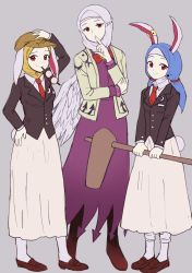 3girls blue_hijab bow newsboy_cap dress grey_background hammer hat highres hijab hijab_as_hair himuhino kishin_sagume looking_at_viewer multiple_girls rabbit_ears red_eyes ringo_(touhou) seiran_(touhou) shoes touhou white_hijab yellow_hijab