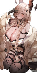 1girl azur_lane black_gloves braid breasts brown_coat brown_horns brown_thighhighs cleavage coat commentary_request gloves hair_over_one_eye highres horns huge_breasts long_hair looking_at_viewer mole mole_under_mouth owari_(azur_lane) raru_(nanaharararu) simple_background sitting smile solo sweat thighhighs twin_braids v white_background