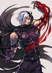 Rule 34 | black cloak, black hair, cloak, facial scar, fire, gloves, highres, looking at viewer, male focus, metal gloves, multicolored hair, muscular, muscular male, nameless (kof), open mouth, pyrokinesis, red fire, scar, scar across eye, scar on cheek, scar on face, short hair, snk, solo, split-color hair, syachiiro, the king of fighters, the king of fighters 2002, two-tone hair, white hair