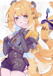 1girl absurdres animal_ears black_gloves black_shirt black_shorts blonde_hair closed_mouth cropped_jacket elbow_gloves fingerless_gloves gloves green_eyes highres jacket ju_fufu looking_at_viewer maji133 multicolored_hair shirt shorts smile solo tail tiger_ears tiger_girl tiger_tail tongue tongue_out two-tone_hair white_hair yellow_jacket zenless_zone_zero