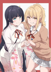 2girls :d absurdres black_hair blonde_hair blunt_bangs blush border breasts brown_sweater butter_curry closed_mouth collarbone collared_shirt commentary_request feet_out_of_frame grin hand_on_another&#039;s_shoulder heart heart_hands heart_hands_duo highres hime_cut ikizulive!_love_live!_bluebird in-franchise_crossover japanese_clothes kimono komagata_hanabi large_breasts layered_sleeves leaning_forward long_hair long_sleeves looking_at_viewer loose_necktie love_live! love_live!_nijigasaki_high_school_idol_club miniskirt miyashita_ai multiple_girls neck_ribbon necktie open_mouth outside_border plaid_clothes plaid_skirt pleated_skirt red_border red_ribbon ribbon school_uniform shirt shrug_(clothing) simple_background skirt smile split_mouth sweater very_long_hair white_background white_kimono white_shirt white_shrug white_skirt winter_uniform yellow_eyes