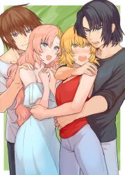 2boys 2girls athrun_zala black_pants black_shirt blonde_hair blue_eyes blue_hair blush brown_hair cagalli_yula_athha commentary_request couple dress green_eyes gundam gundam_seed hair_ornament highres holding_hands hug hug_from_behind kimi88407604 kira_yamato lacus_clyne long_hair multiple_boys multiple_girls pants pink_hair purple_eyes red_tank_top shirt short_hair smile tank_top white_dress white_pants white_shirt yellow_eyes