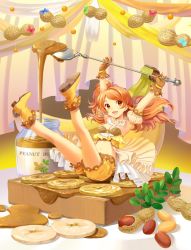 10s 1girl :d arms_up banana banana_slice bare_legs blue_bow blush boots bottle bow bread bread_slice breasts brown_eyes brown_gloves brown_hair cleavage collar crop_top curtains detached_collar detached_sleeves female_focus floating_hair food frilled_collar frills fruit gloves green_bow holding holding_spoon idolmaster idolmaster_million_live! in_food jar joey_koguma legs_up long_hair looking_at_viewer midriff mini_person minigirl navel ogami_tamaki one_side_up open_mouth oversized_object overskirt peanut peanut_butter plant pleated_skirt pouring puffy_short_sleeves puffy_sleeves red_bow short_sleeves shorts sitting sitting_on_object skirt small_breasts smile solo spoon strapless swept_bangs toast two-handed yellow_boots yellow_shorts