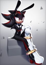 1boy animal_ears animal_nose black_fur black_leotard black_necktie body_fur closed_mouth crossdressing full_body furry furry_male gloves gold_anklet grey_background hedgehog_boy highres kazuna_endi leotard long_hair looking_to_the_side male_focus necktie playboy_bunny rabbit_ears red_eyes red_fur shadow_the_hedgehog shoes short_tail simple_background sitting solo sonic_(series) tail two-tone_fur white_gloves white_shoes wrist_cuffs