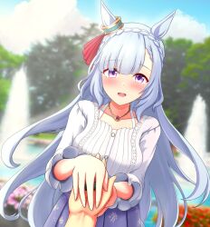 1girl 1other animal_ears blue_hair blurry blurry_background blush bow braid breasts crown_braid dutch_angle ear_ornament ear_ribbon floral_print highres horse_ears horse_girl ichimai_(apieceof_ray151) jewelry large_breasts long_hair long_sleeves looking_at_viewer mejiro_ardan_(umamusume) necklace pov pov_hands purple_eyes purple_skirt shirt skirt smile umamusume white_shirt
