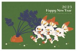 &gt;_&lt; 2023 border bright_pupils carrot chinese_zodiac english_text full_body gen_8_pokemon green_background happy_new_year highres manami_(uovoegg) new_year nintendo no_humans open_mouth pokemon pokemon_(creature) pulling scorbunny white_border white_pupils year_of_the_rabbit