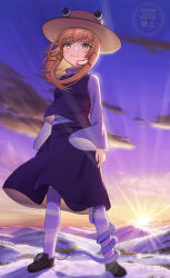 1girl absurdres beckody blonde_hair brown_hat closed_mouth cloud commentary_request hair_ribbon hat highres long_hair long_sleeves looking_at_viewer mishaguji moriya_suwako outdoors purple_skirt purple_vest red_ribbon ribbon skirt skirt_set smile snake solo sunrise touhou vest watermark white_snake wide_sleeves yellow_eyes